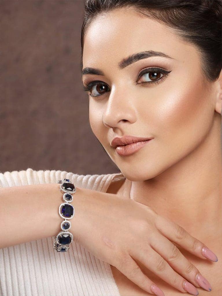 White Rhodium Plated Blue wraparound Tennis Statement Bracelet view 2