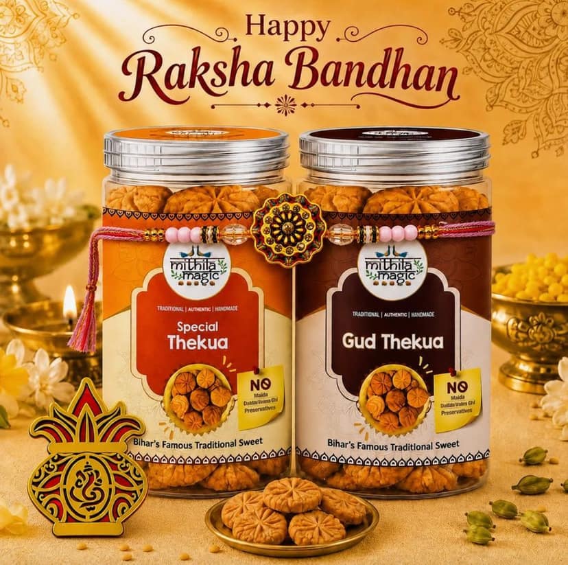 MITHILA MAGIC RAKHI CELEBRATION COMBO-FREE RAKHI - 700 gm - Gift set containing two jars of Thekua, one Rakhi, and Roli Chandan