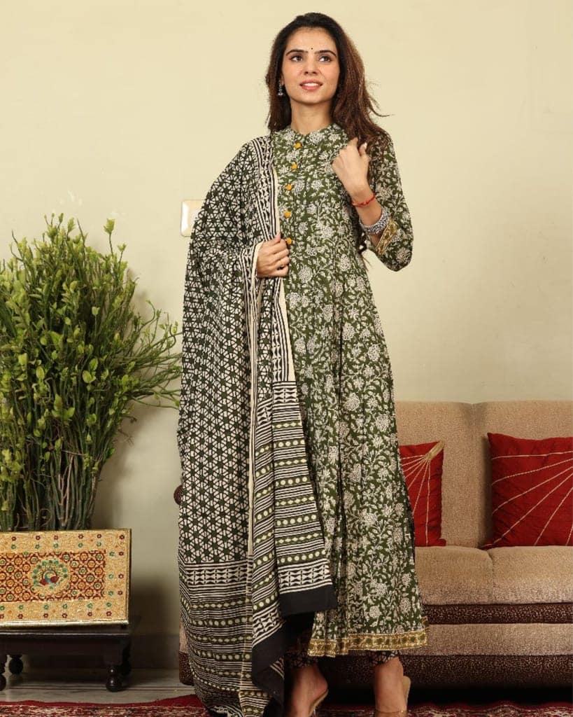 Anarakali Kurti Set Green Color Bagru Handblock print with Mulmul Dupatta-7495 view 2