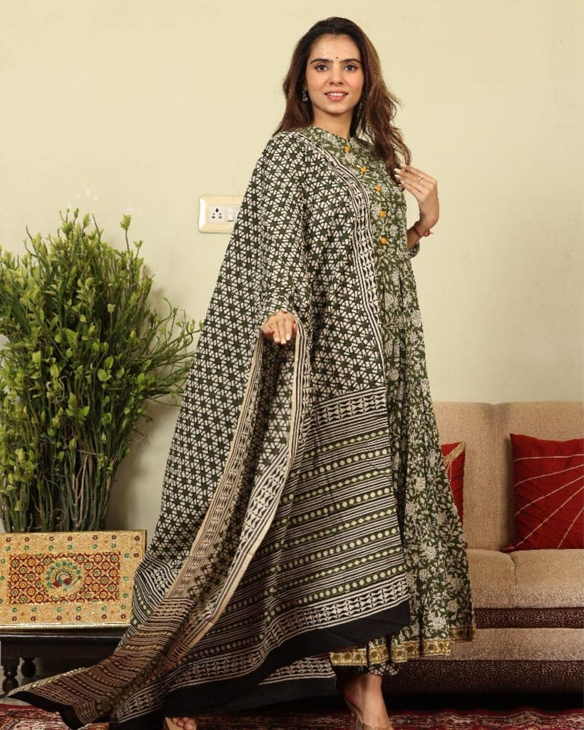 Anarakali Kurti Set Green Color Bagru Handblock print with Mulmul Dupatta-7495 view 4