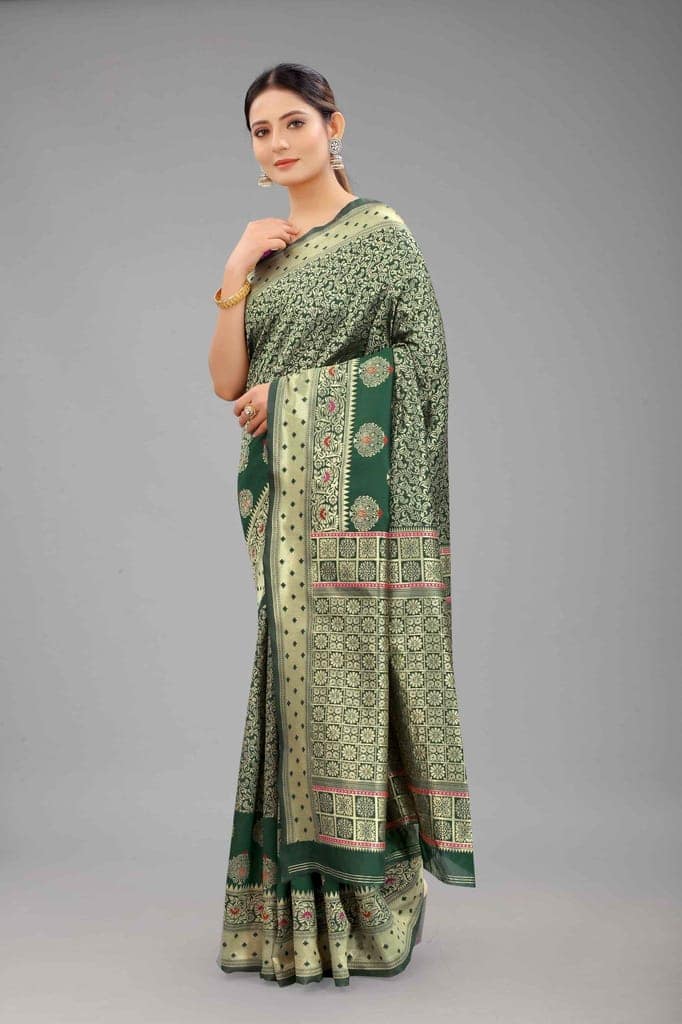 Women's Banarasi Silk Woven Design Green Saree view 3