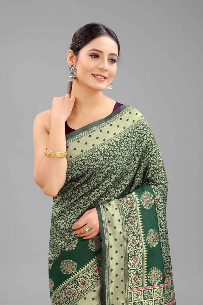 Women's Banarasi Silk Woven Design Green Saree view 4