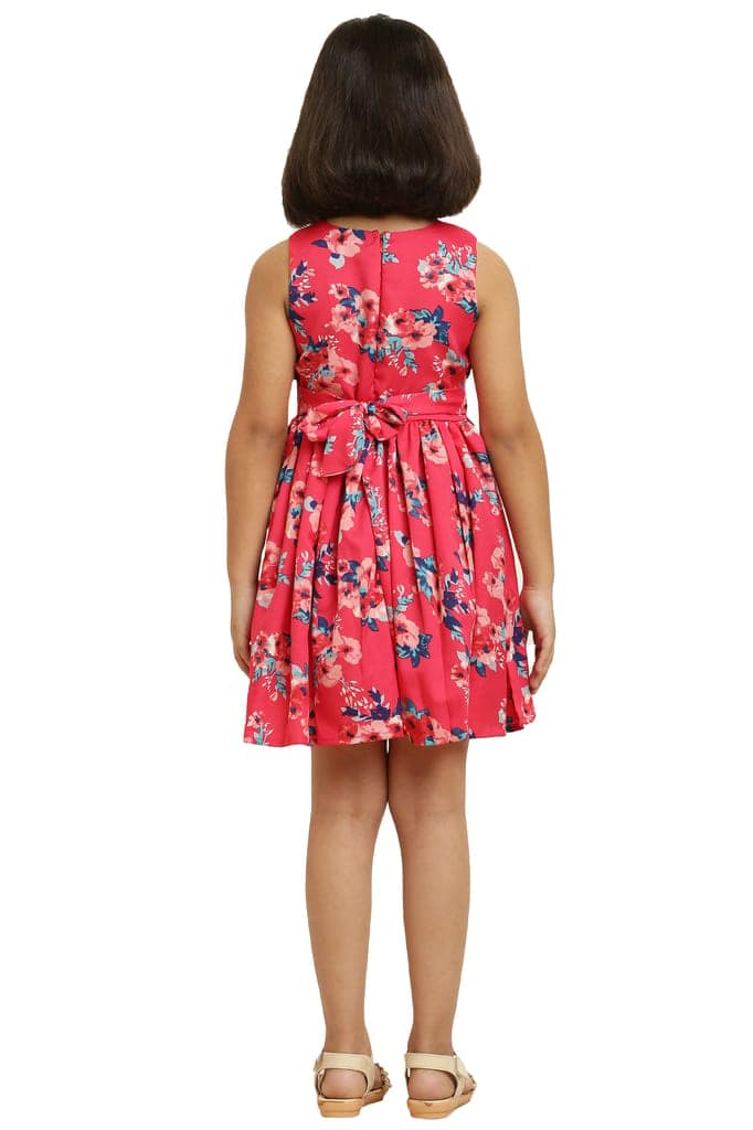 Stylish Pink Flower Printed Frock with Bow & for Girls. view 3
