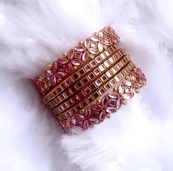 Exquisite Pink Bangle Set with Gold Plating and Stone Detailing view 3