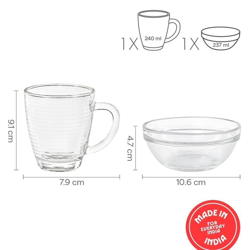 Borosil Swirl Treat Set, 240ml Mug with 10cm Stackable Bowl , Set Of 4 view 2
