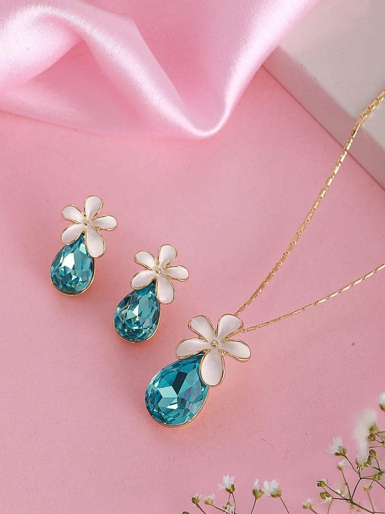 Floral White Enamel & Blue Teardrop Pendant Necklace & Earrings Set view 3