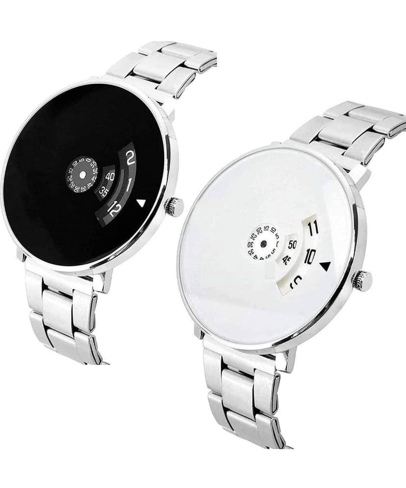Exelent Analogue White & Black Dial Stainless Steel Strap Watch for Men's -Watch Combo Set view 2