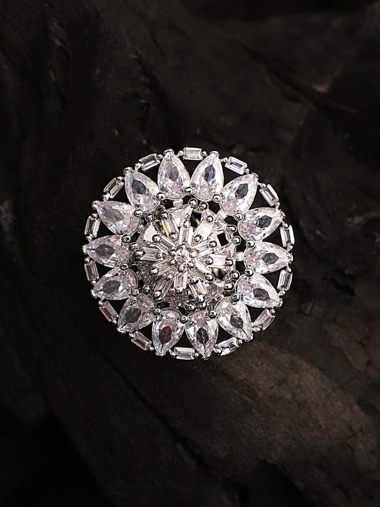 Cardinal American Diamond Silver Plated Floral Brass Adjustable Ring