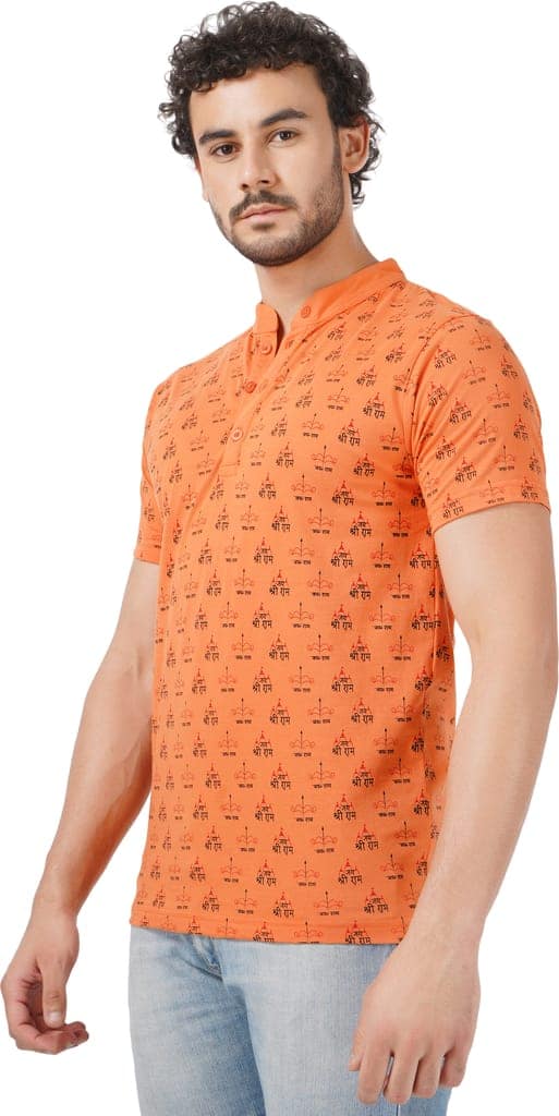 BLUEFICUS Men's Jai Shree Ram Printed Cotton Round Neck Half Sleeves T-Shirt (Orange) view 4