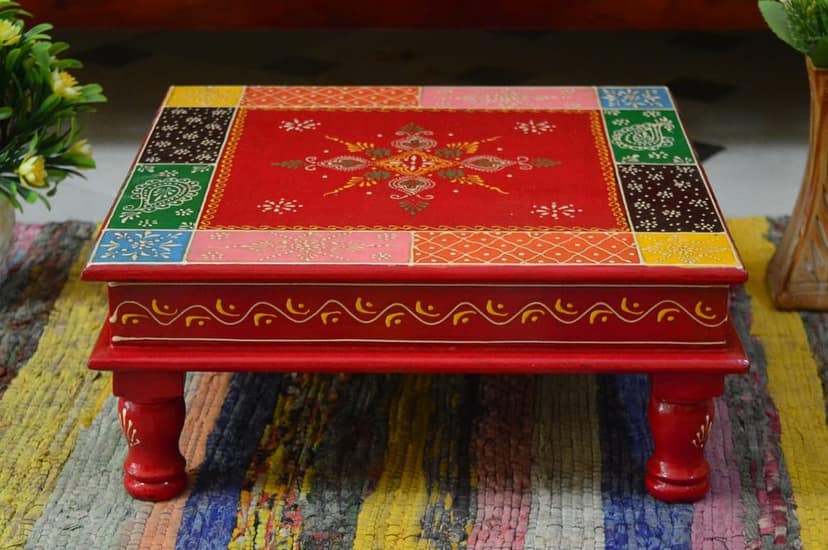 Indian Wooden Handpainted Chowki with figer painting & fine unique Painted Bajot view 2