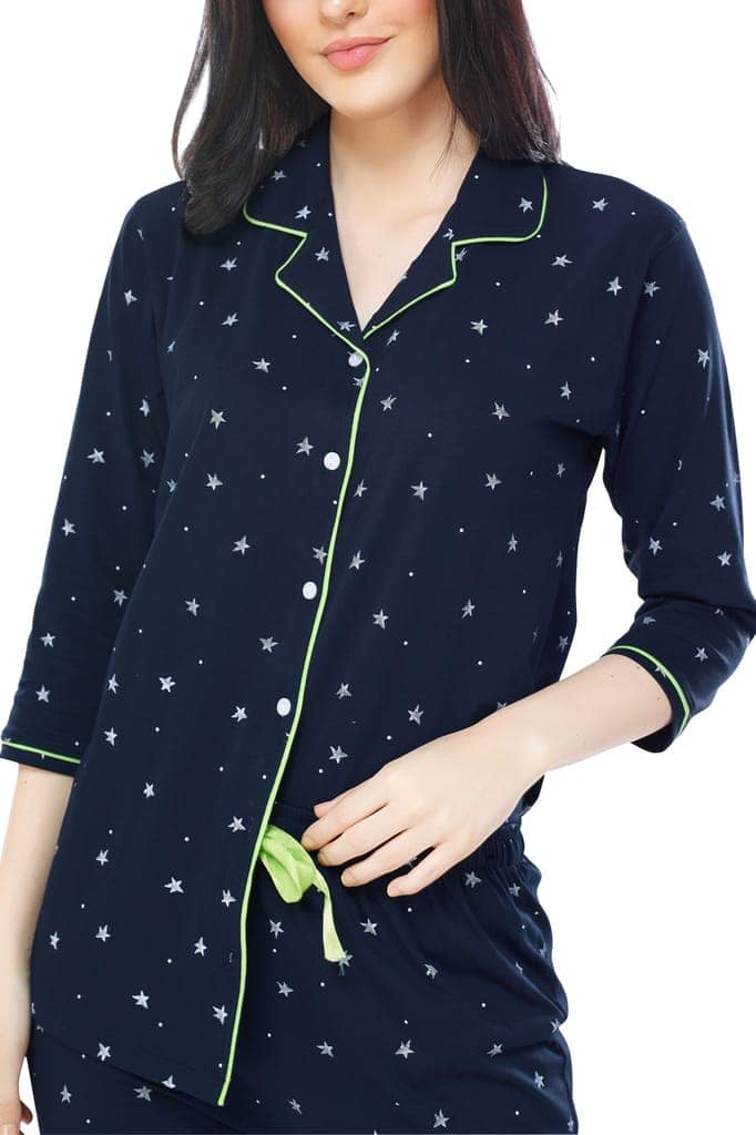 ZEYO Women's Cotton Green Star Printed Stylish Night suit set view 2
