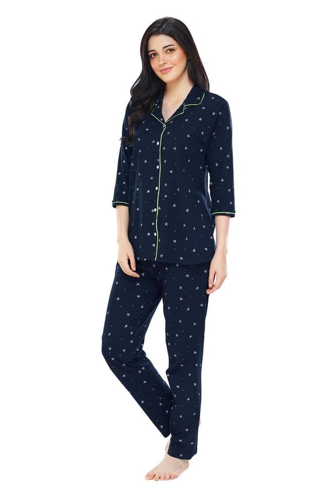 ZEYO Women's Cotton Green Star Printed Stylish Night suit set view 4