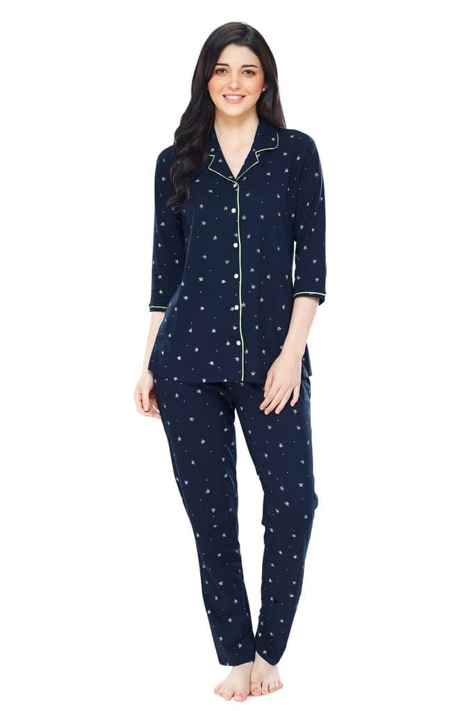 ZEYO Women's Cotton Green Star Printed Stylish Night suit set view 5