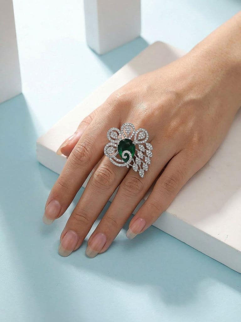 Silver Plated Green Emerald Green AD Zircon Studded Designer Statement Adjustable Finger Ring view 2