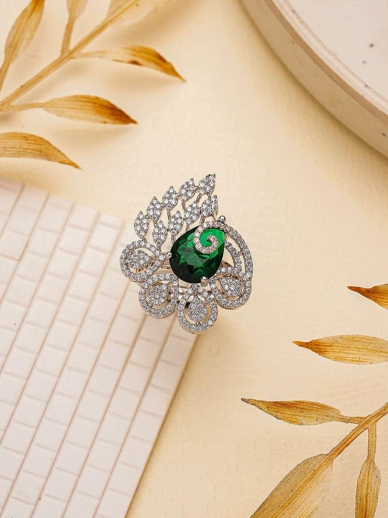 Silver Plated Green Emerald Green AD Zircon Studded Designer Statement Adjustable Finger Ring view 3