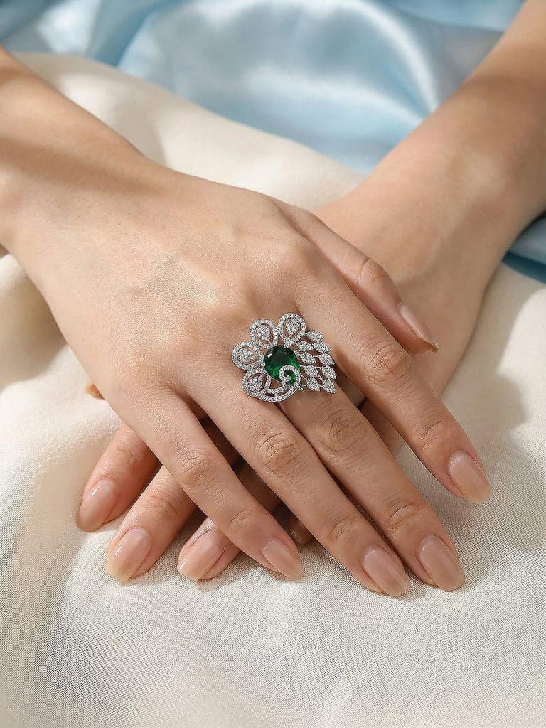 Silver Plated Green Emerald Green AD Zircon Studded Designer Statement Adjustable Finger Ring view 6