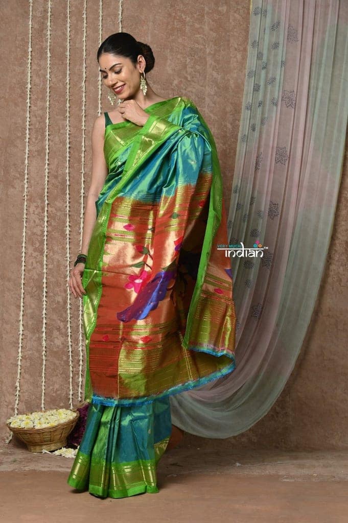 Tyohaar ~ Handloom Pure Silk Paithani Saree with Traditional Peacock Pallu ~ Dual Tone Blue Green (By Government Certified Weavers) view 2