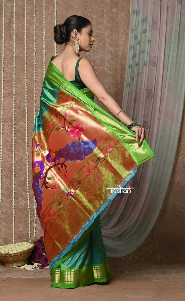 Tyohaar ~ Handloom Pure Silk Paithani Saree with Traditional Peacock Pallu ~ Dual Tone Blue Green (By Government Certified Weavers) view 4