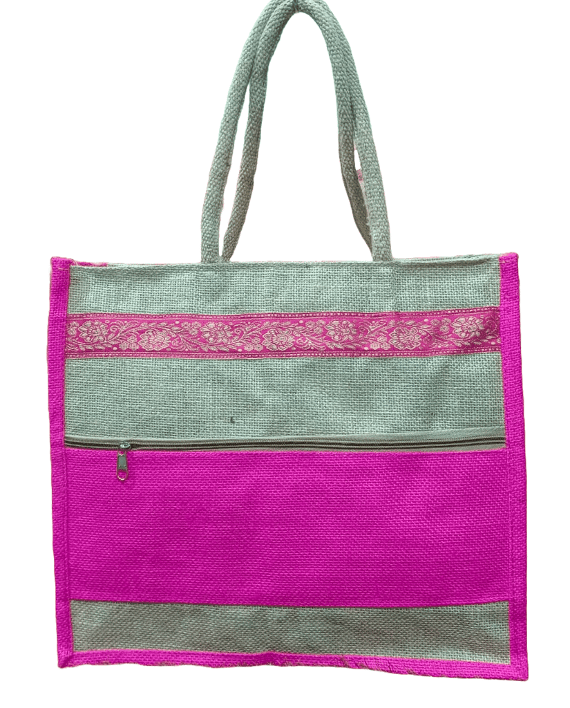 Pink Jute and Cotton Blend Tote Bag with Zippered Compartment".