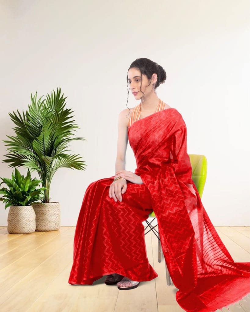 Kota Silk Saree Persian Red Color Sequence Pallu and full body Zig-Zag Design with running blouse-3661