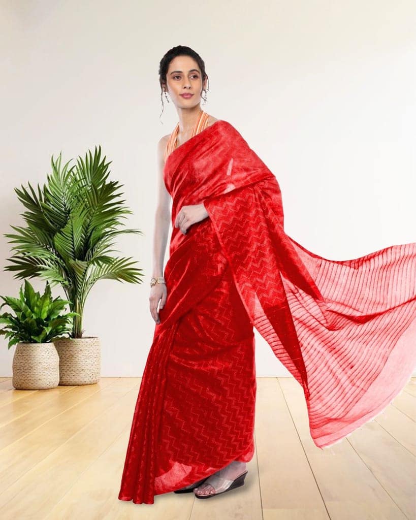 Kota Silk Saree Persian Red Color Sequence Pallu and full body Zig-Zag Design with running blouse-3661 view 6