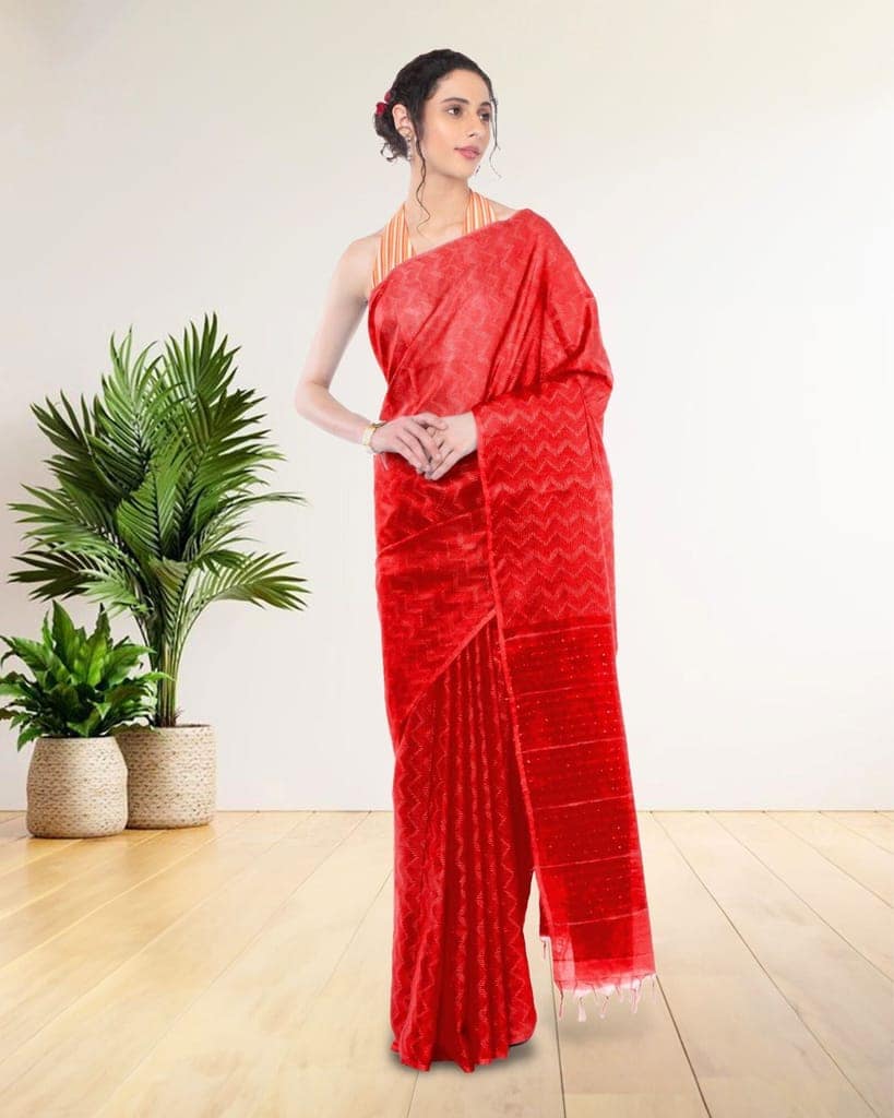 Kota Silk Saree Persian Red Color Sequence Pallu and full body Zig-Zag Design with running blouse-3661 view 7