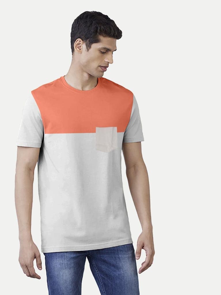 Men Solid Block Beige / Orange Cotton Slim Fit Polo T-shirt view 3