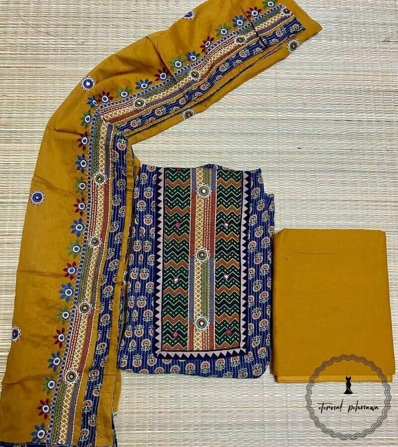 Ajrakh Print with Gujarat Gamthi Full Embroidery Suit view 3