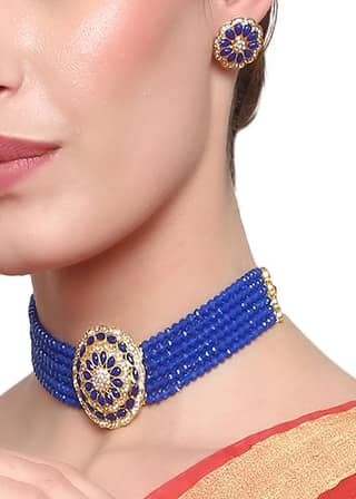 Cardinal American Diamond Brass Blue Multistring Gold Plated Onyx Choker Necklace Set