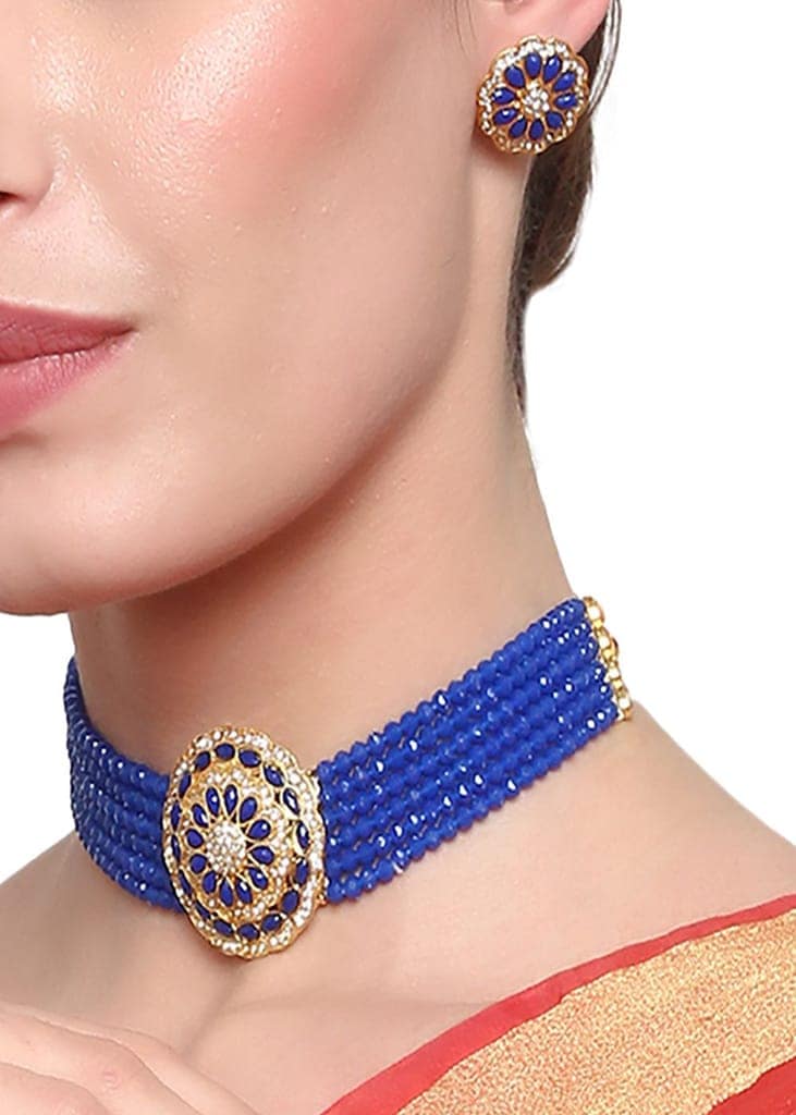 Cardinal American Diamond Brass Blue Multistring Gold Plated Onyx Choker Necklace Set