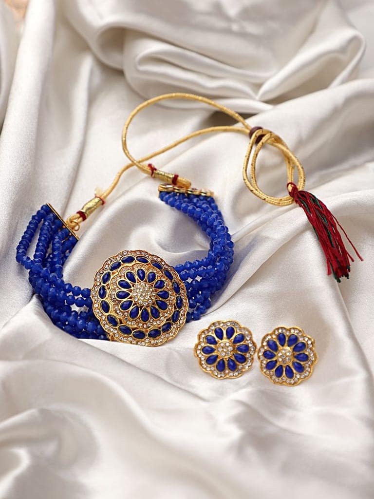 Cardinal American Diamond Brass Blue Multistring Gold Plated Onyx Choker Necklace Set view 2