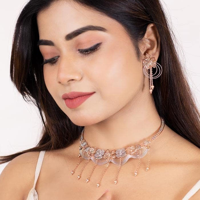 18K Two Tone Rose Gold Silver Dazzling Necklace Set view 2