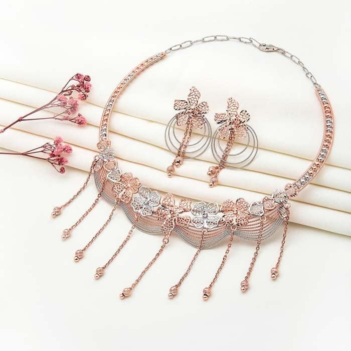 18K Two Tone Rose Gold Silver Dazzling Necklace Set view 3