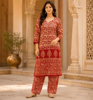 Handcrafted Batik Print Stitched Rayon Kurta Palazzo Set