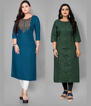 RIAANA Women Cotton Embroidered Straight Kurti ( Black )
