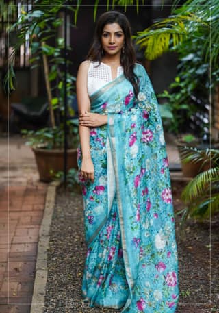 Blue Silk Linen Saree with Floral Digital Print