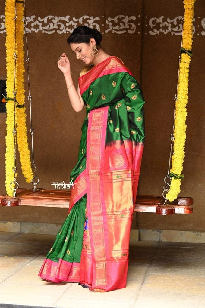 Rajsi~ Pure Silk Handloom - Maharani Paithani in Rich Forest Green with Rich Hot Pink Silk Border (Available in Floral Buttis) view 3