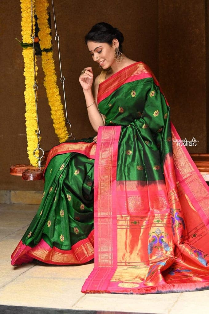 Rajsi~ Pure Silk Handloom - Maharani Paithani in Rich Forest Green with Rich Hot Pink Silk Border (Available in Floral Buttis) view 5