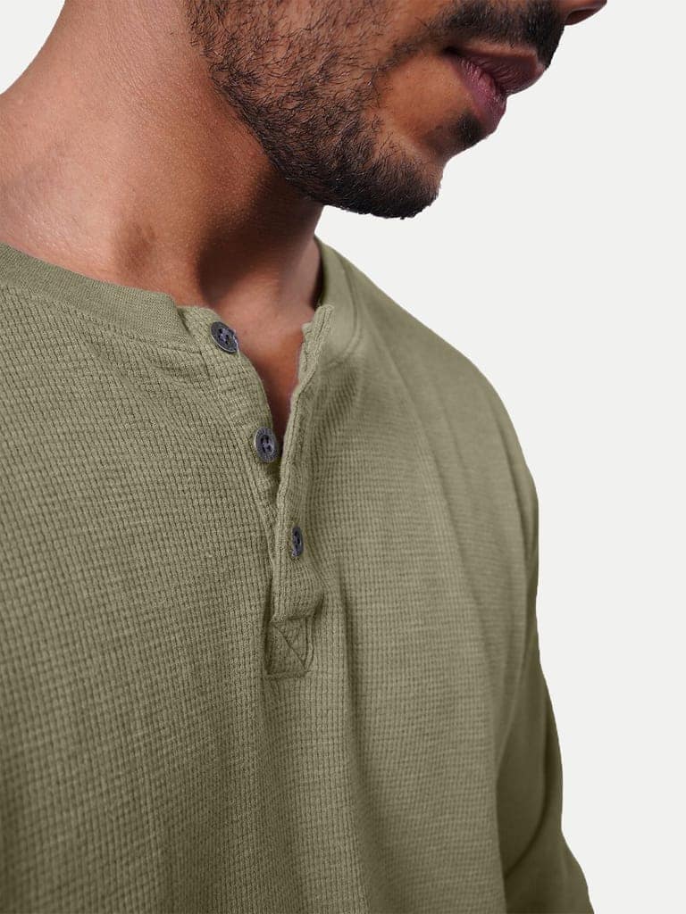 Men Olive Full Sleeve Henley Neck T-Shirt view 4