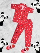 Ninos Dreams Cotton Girls Night Suit Panda Printed Half sleeves-Red
