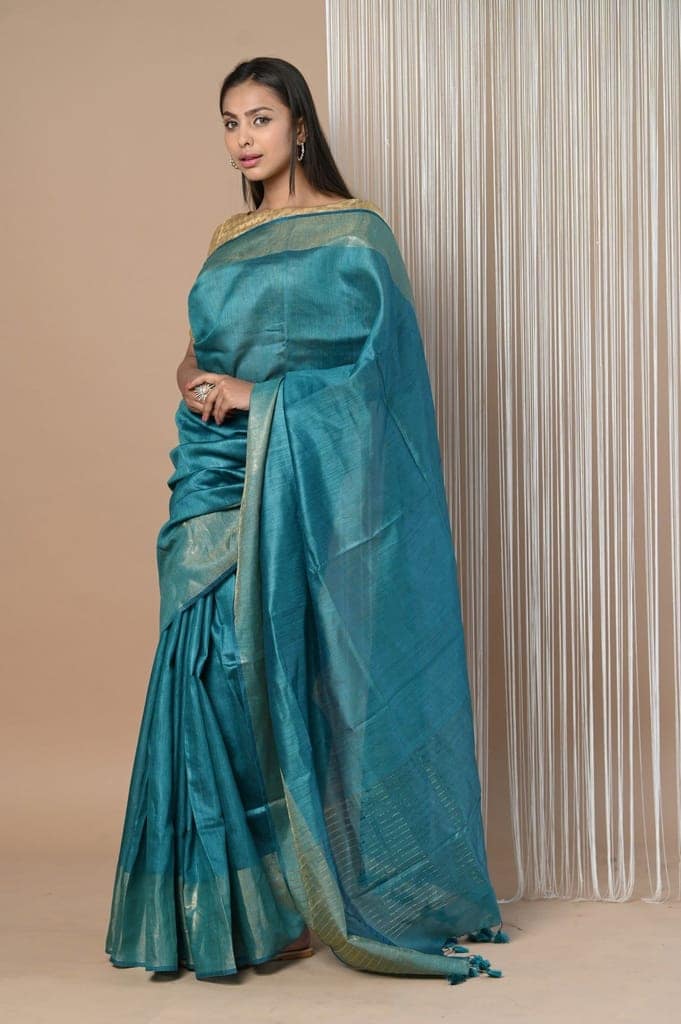 Exclusive Pure Moonga Tussar Silk Saree With Beautiful Border ~ Teal Green