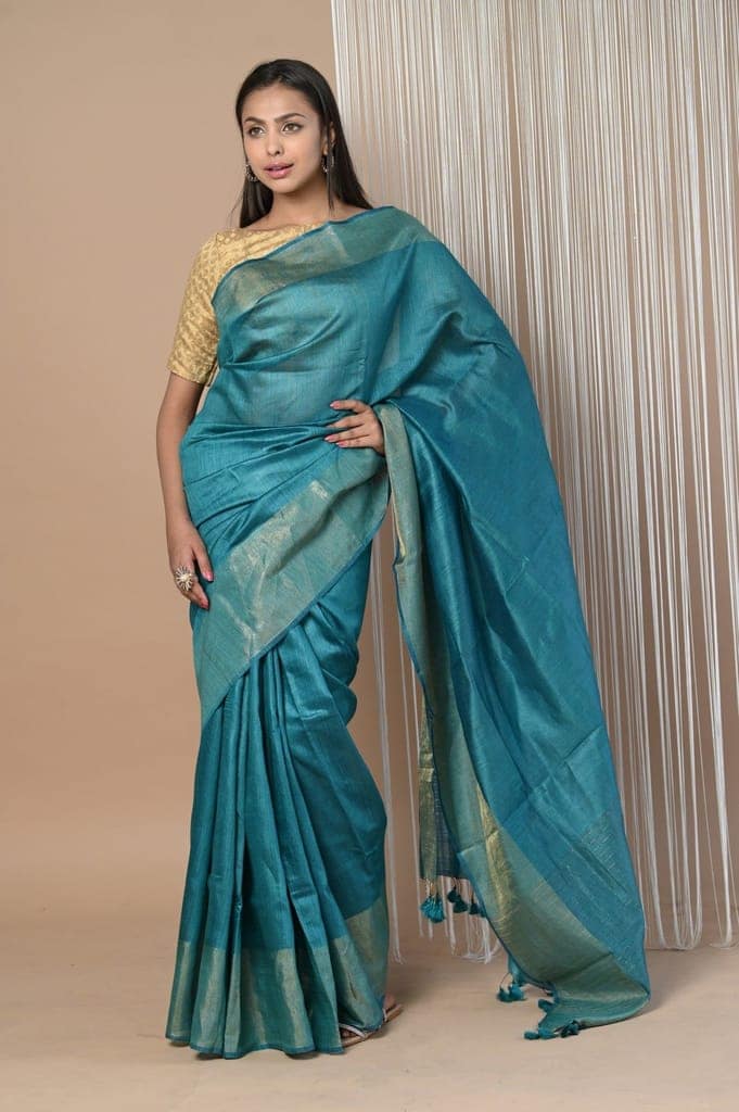 Exclusive Pure Moonga Tussar Silk Saree With Beautiful Border ~ Teal Green view 2