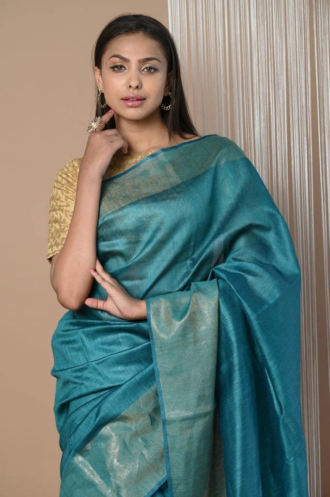 Exclusive Pure Moonga Tussar Silk Saree With Beautiful Border ~ Teal Green view 3