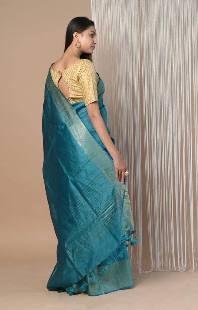 Exclusive Pure Moonga Tussar Silk Saree With Beautiful Border ~ Teal Green view 4
