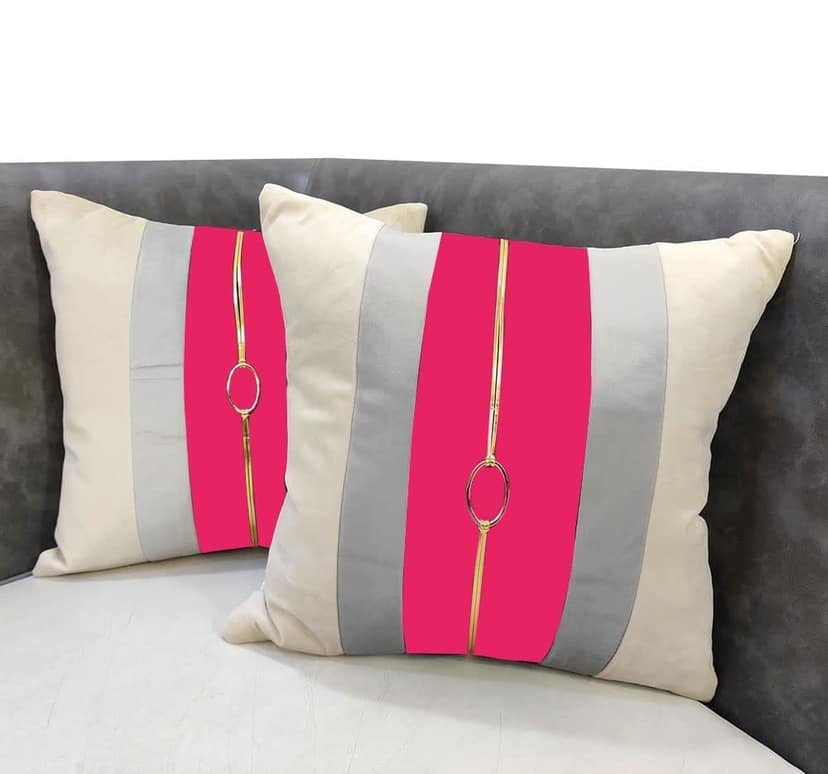 Pink Beige Gold Leather Buckle Velvet 2 Cushion Covers and 1 Table Runner Combo Luxury Modern Pillow Cover Pillow for Sofa Living Room Bedroom |16X16 Inch Cushion Cover I 12 X 59 Inch Table Runner view 2