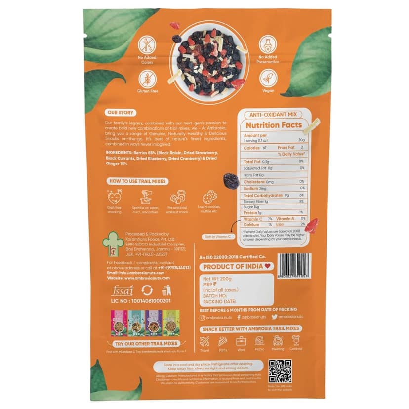 Ambrosia Trail Mix Combo Pack (2 X 200 g) | Anti-Oxidant Mix 200 g - Mixed Berries | 7-1 Super Seed Mix 200 g - Mixed Seeds with Diced Almonds view 3