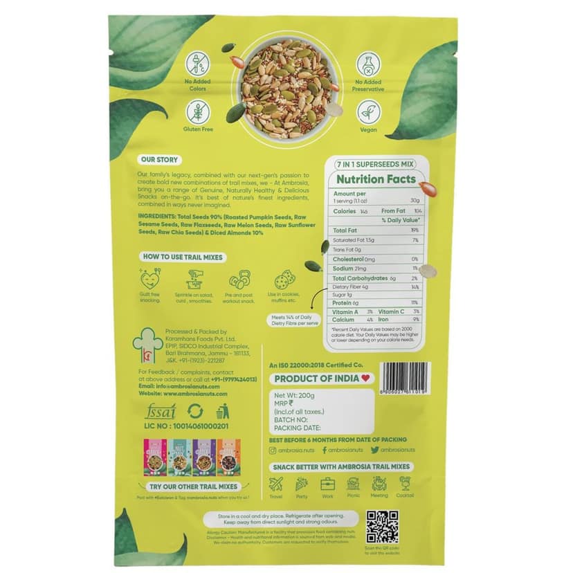 Ambrosia Trail Mix Combo Pack (2 X 200 g) | Anti-Oxidant Mix 200 g - Mixed Berries | 7-1 Super Seed Mix 200 g - Mixed Seeds with Diced Almonds view 5