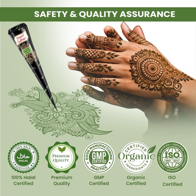 Prem Dulhan Natural Henna Mehandi Cones 12 Pcs, Brown Mehendi Cones, for Bridal and Festivals, Easy Application, Green box view 5
