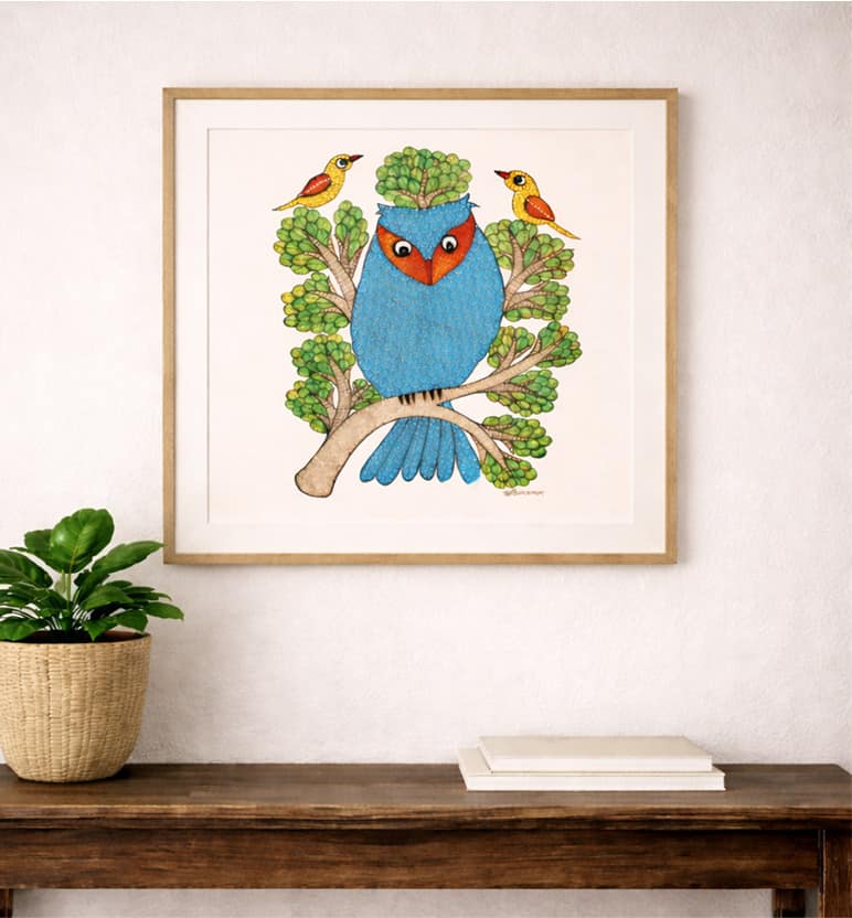 Handcrafted Gond Sea Blue Owl Painting with Birds & Tree | Traditional Tribal Folk Art of Madhya Pradesh view 4