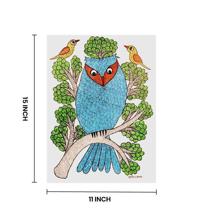 Handcrafted Gond Sea Blue Owl Painting with Birds & Tree | Traditional Tribal Folk Art of Madhya Pradesh view 5